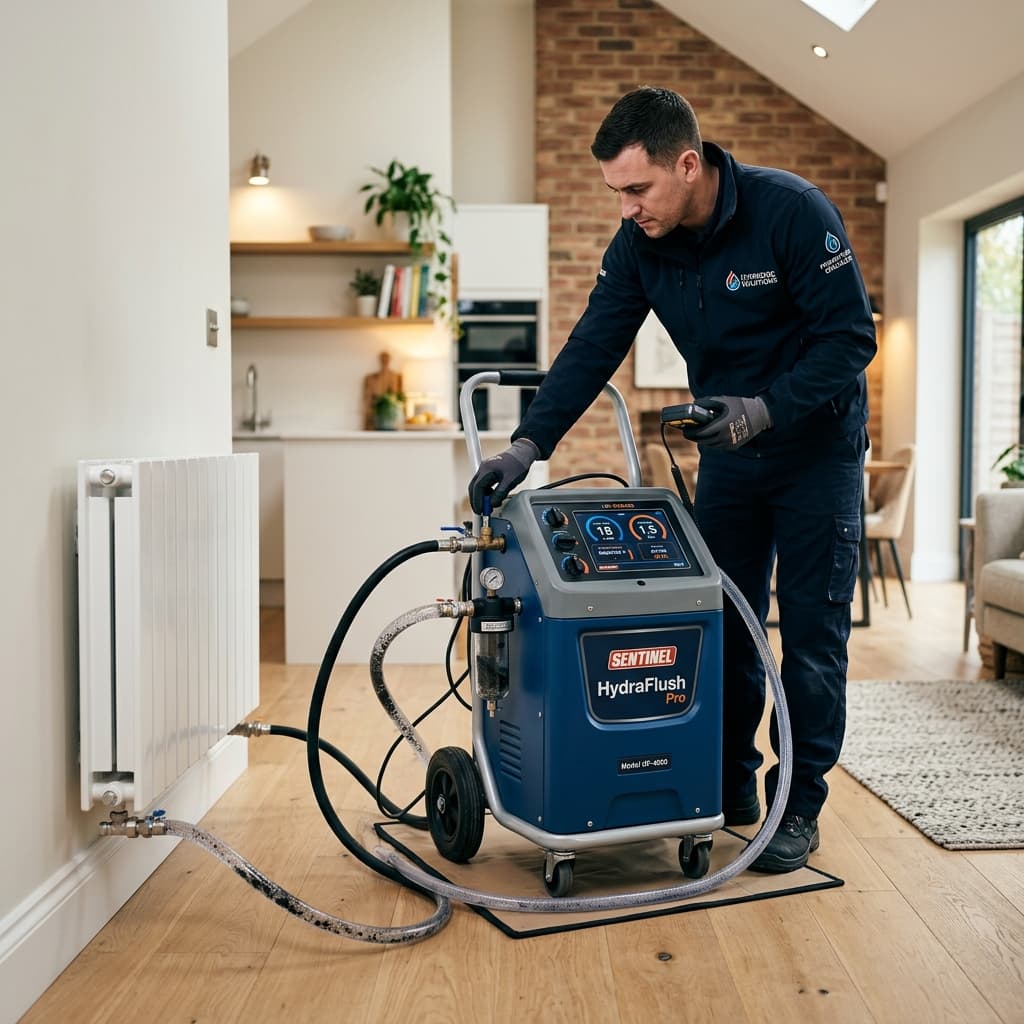 Power flushing machine connected to a radiator