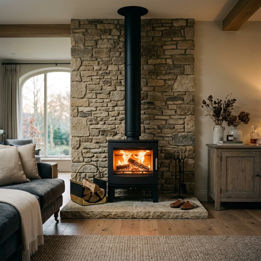 Beautiful modern solid fuel stove in a living room