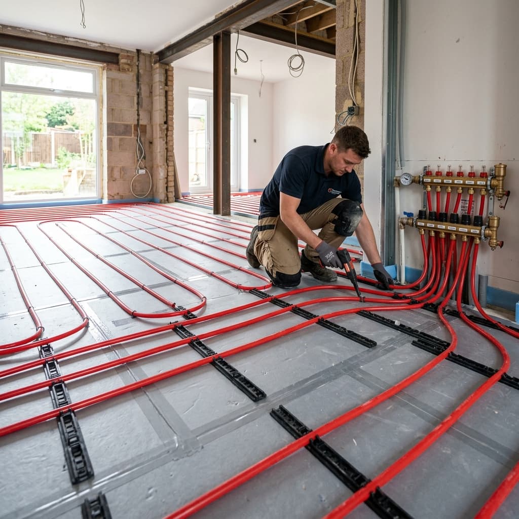 Underfloor heating pipes being installed